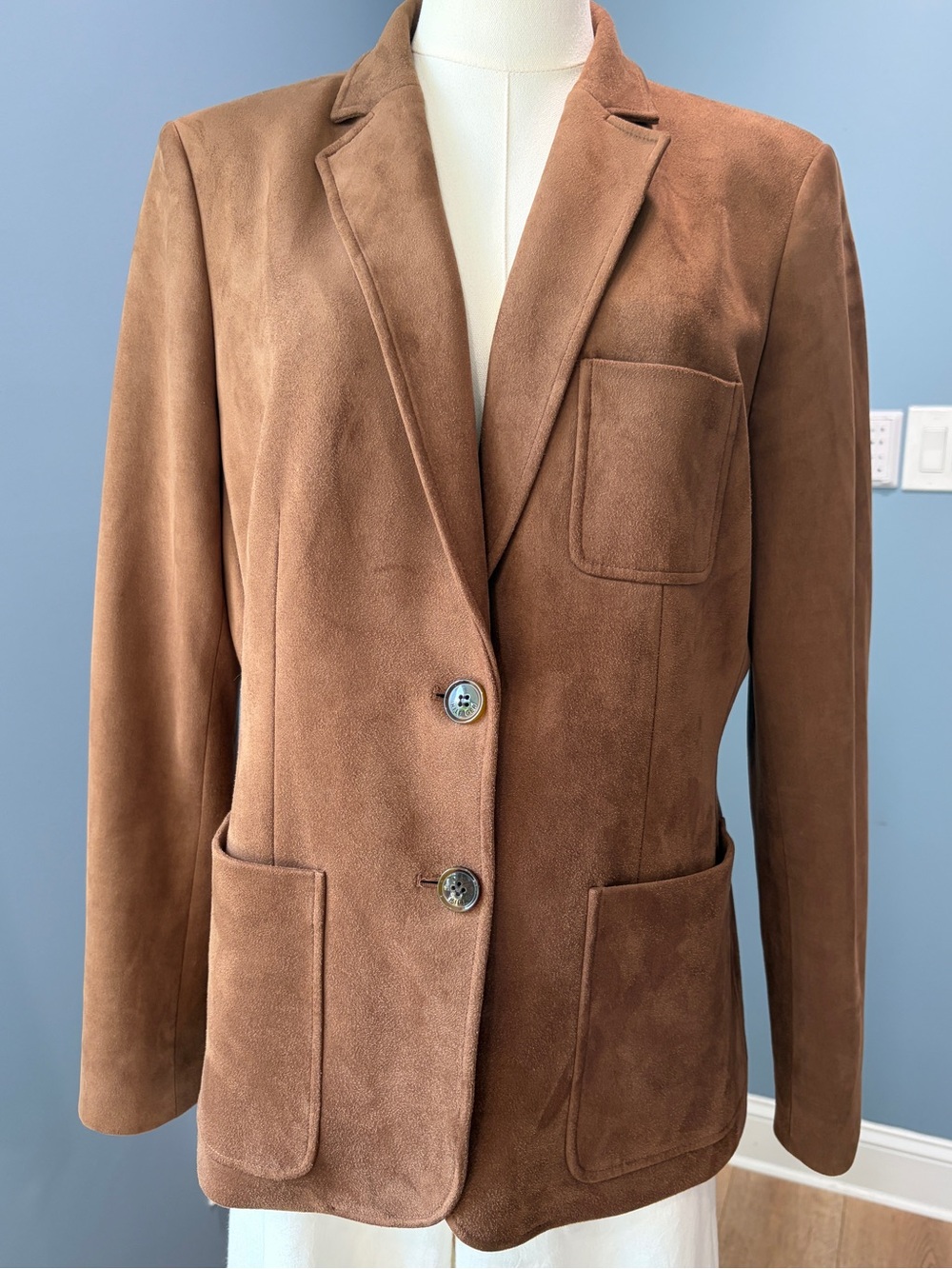 Tommy Hilfiger Brown Faux Suede Blazer Jacket Patch Pockets Size 12